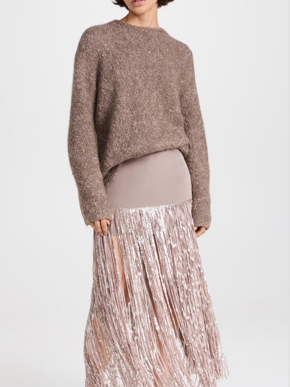 Tanya Taylor Rose Gold Metallic Fringe Maxi Skirt